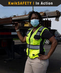 High Visibility Womens Safety Vest Class 2 Reflective Construction Workwear Yellow Medium worn with utility pockets on jobsite.
