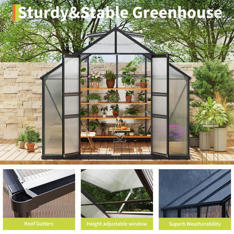 Walk-In Outdoor Greenhouse Kit With Built-To-Last Aluminum Frame And 4mm Twin-Wall Polycarbonate Panels, 8 By 16 Foot, door open view