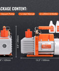 Front view of VEVOR 7 CFM dual-stage HVAC vacuum pump with oil bottle and two 250ml bottles