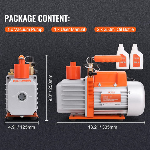 Front view of VEVOR 7 CFM dual-stage HVAC vacuum pump with oil bottle and two 250ml bottles