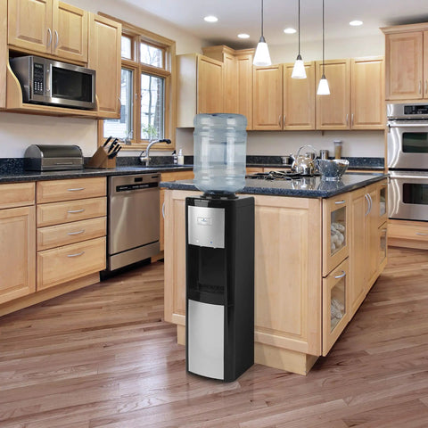 Top Load Water Dispenser With Dual Taps, Chilled Or Room Temp Water, Easy Push Button Controls in a modern kitchen setting