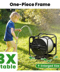 Garden Hose Reel With 360 Degree Swivel Base Holds 100 To 200 Ft Hoses Upgraded Guide System Includes 5/8 Inch By 6 Foot Leader Hose Wall Mount Or Floor Spool For Outdoor Yard No Fuss Roll And Neat Water Setup in garden setting with child using hose