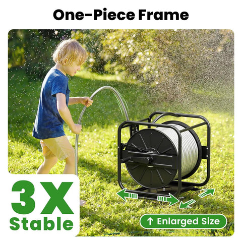 Garden Hose Reel With 360 Degree Swivel Base Holds 100 To 200 Ft Hoses Upgraded Guide System Includes 5/8 Inch By 6 Foot Leader Hose Wall Mount Or Floor Spool For Outdoor Yard No Fuss Roll And Neat Water Setup in garden setting with child using hose