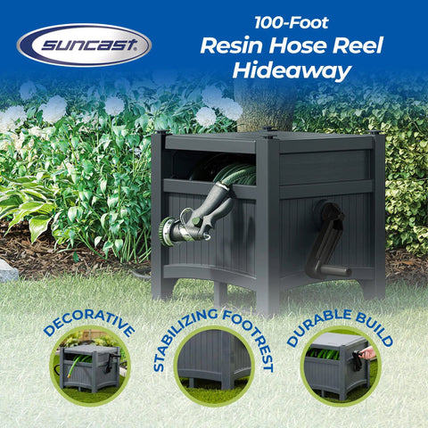 Hose Hideaway Storage Reel Box In Cyberspace Grey For Outdoor Use Durable Resin Tangle Free Container That Holds Up To One Hundred Feet Of Five Eighth Inch Standard Vinyl Hose No Assembly Required