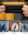 Comparison of waterproof outdoor egg chair cover fabric showing upgraded 500D Oxford material with hands stretching it.