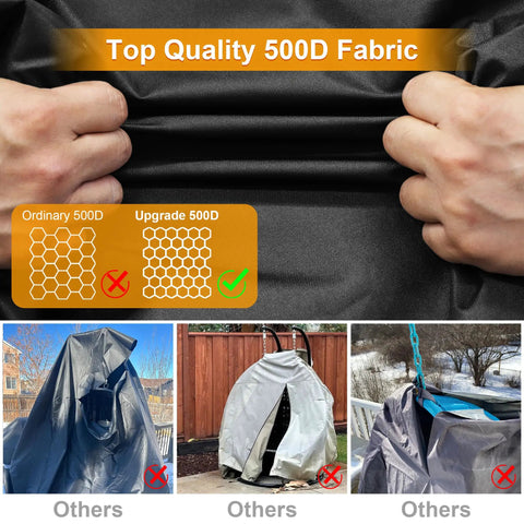 Comparison of waterproof outdoor egg chair cover fabric showing upgraded 500D Oxford material with hands stretching it.