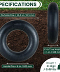 Specifications of Two Pack 4.80/4.00-8 Inner Tubes With TR87 Angled Valve Stem, showing outer diameter, fits 8 inch rims