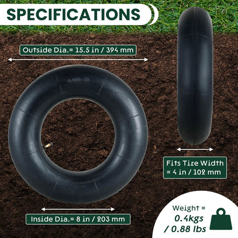 Specifications of Two Pack 4.80/4.00-8 Inner Tubes With TR87 Angled Valve Stem, showing outer diameter, fits 8 inch rims