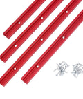 Top Shelf 24 Inch Aluminum T Track Bars For Sweet Woodworking Jigs And Hella Sturdy Shop Fixtures With Universal Fit Pre Drilled Holes And Flat Head Screws In Red, four red T track bars with screws.