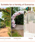 90 Inch Wood Garden Arbor Arch With Trellis Wall For Climbing Plants And Hanging Vines A Sturdy Backyard Decor Upgrade For Parties Weddings Birthdays And Outdoor Gatherings Boosting Yard Vibes in three settings: garden entrance, birthday party, wedding.