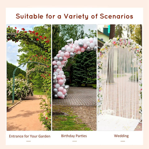 90 Inch Wood Garden Arbor Arch With Trellis Wall For Climbing Plants And Hanging Vines A Sturdy Backyard Decor Upgrade For Parties Weddings Birthdays And Outdoor Gatherings Boosting Yard Vibes in three settings: garden entrance, birthday party, wedding.