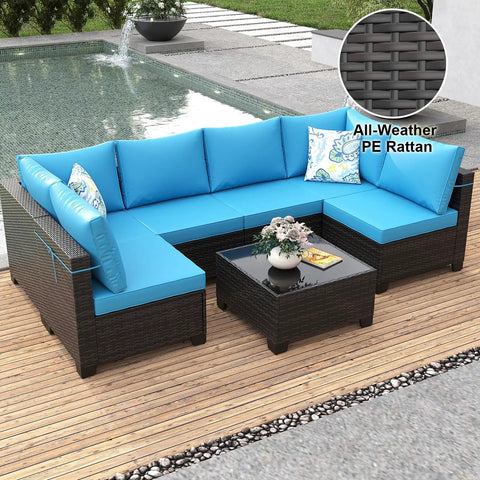 Chill 7 Piece Outdoor Patio Sectional Wicker Set With Waterproof Cushions, Garden Porch Balcony Backyard Conversation Couch, Durable PE Rattan With Rust Resistant Steel Frame, Brown And Peacock Blue by a pool.