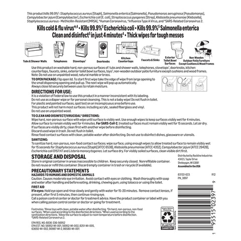 Back label of disinfecting wipes pack showing usage instructions and surfaces suitable for cleaning like tubs and showers.