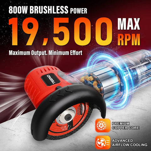 Brushless Cordless Angle Grinder Kit 800W with LED Display, featuring premium copper core and airflow cooling, 19,500 RPM.
