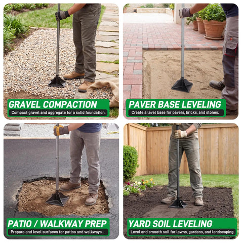 Person using 48 Inch Steel Tamper with 14 Pound 10x10 Steel Head and Rubber Grip for leveling gravel, paver base, walkway, yard soil.