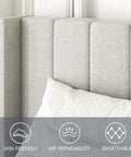 Built Heavy Duty Queen Bed Frame With Upholstered Wingback Linen Headboard Easy Assembly Platform Bed close-up of breathable linen headboard.