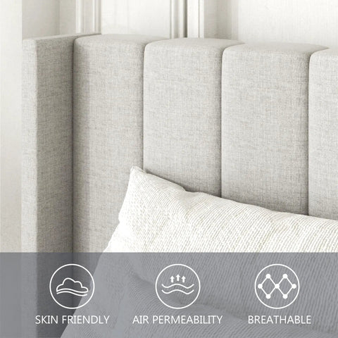 Built Heavy Duty Queen Bed Frame With Upholstered Wingback Linen Headboard Easy Assembly Platform Bed close-up of breathable linen headboard.
