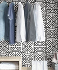 Black And White Geometric Peel And Stick Wallpaper For DIY Projects Repositionable And Removable With No Residue in a closet setting