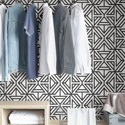 Black And White Geometric Peel And Stick Wallpaper For DIY Projects Repositionable And Removable With No Residue in a closet setting