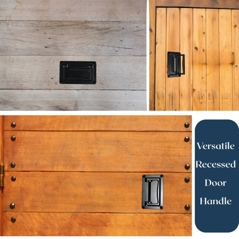 Trap Door Pull Handle Recessed Floor Hatch Flush Door Handle installed on various wooden panels and doors, 1 Pack
