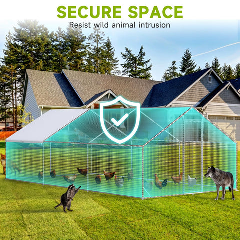 Big Walk In Chicken Coop With Run Galvanized Poultry Enclosure With Waterproof UV Cover And Secure Lock in backyard scene
