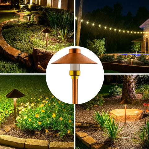 Low Voltage Copper Pathway Light 12V Outdoor LED 4W G4 Bulb Included Warm White Mushroom Landscape Lighting in garden setting