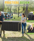Two people carrying 82 Gallon Outdoor Storage Box With Lid For Patio Backyard Gear Garden Tools Pool Supplies Waterproof UV Resistant Lockable Weatherproof Storage Bin Black in campsite