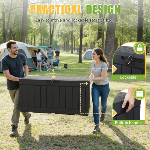 Two people carrying 82 Gallon Outdoor Storage Box With Lid For Patio Backyard Gear Garden Tools Pool Supplies Waterproof UV Resistant Lockable Weatherproof Storage Bin Black in campsite