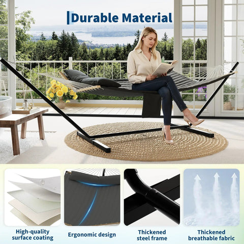 Double Outdoor Hammock With Stand For Patio Backyard And Beach, Heavy Duty Steel Frame, Portable Foldable Design with woman sitting
