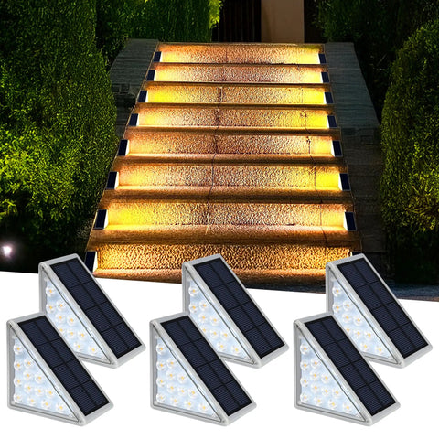 Solar Step Lights For Outdoors Waterproof IP67 Stair And Deck Lights Pack Of 6 installed on outdoor steps at night.
