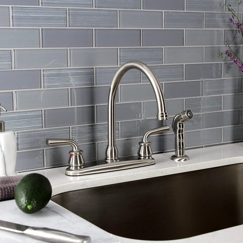 Old School Restoration Style 8-Inch Centerset Kitchen Faucet With Side Sprayer In Brushed Nickel, 4-Hole Deck Mount