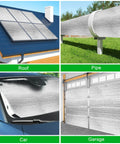 Heavy Duty Pre Cut Garage Door Insulation Kit With Reflective Bubble Foil For Double Doors applied to a garage door, car windshield, roof, and pipe.