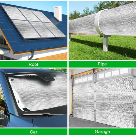 Heavy Duty Pre Cut Garage Door Insulation Kit With Reflective Bubble Foil For Double Doors applied to a garage door, car windshield, roof, and pipe.