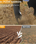 Comparison of 28 Inch Disc Plow Harrow With 2 Inch Receiver For ATV UTV showing before and after soil prep results