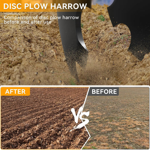 Comparison of 28 Inch Disc Plow Harrow With 2 Inch Receiver For ATV UTV showing before and after soil prep results