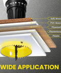 6-piece hole saw kit with mandrels cutaway view through layered soft wood, PVC, plywood, plasterboard and plastic.