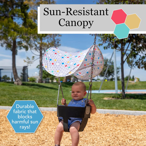 Outdoor Baby Swing Sun Shade For Toddlers, Portable Folding Canopy That Blocks UV Rays in use on a sunny day with child swinging.