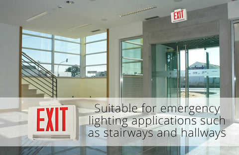 LED Exit Sign And Emergency Light Bar Combo With Back Up Battery M6 Damp Listed 3 Watt Output Red 6-Inch High Letters Super Bright LEDs Compact Modern Design For Hallways And Offices In Case Of Power Failures