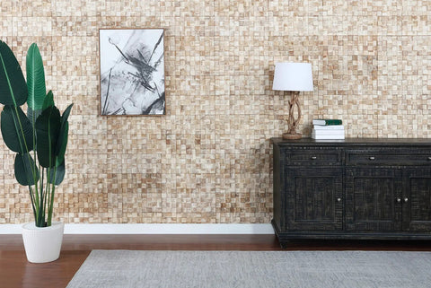 Living room with Reclaimed Wood 3D Wall Panels Kit 10 Handcrafted Planks for Rustic DIY Wall Decor, 9.5 Sq Ft Coverage