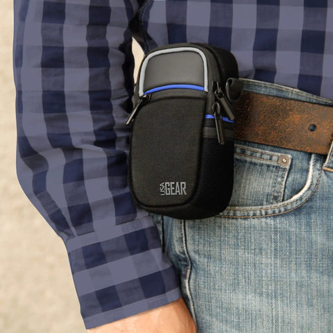 Black Weatherproof Compact Camera Case With Padded Interior And Accessory Pockets worn on a belt