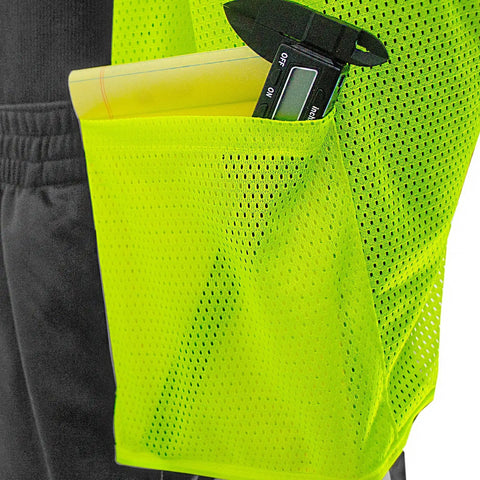 Kickass High Visibility Safety Vest Featuring Rock Solid Five Point Breakaway System Top Shelf Reflective Dry Mesh For Tough Job Sites No Sweat Adjustable Fit Road Crews SM, showing pocket with tools.