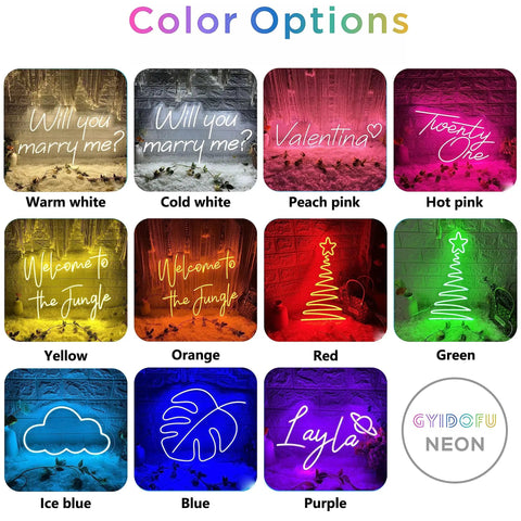 Color options for custom neon sign LED name signs for weddings and parties in various hues and designs.