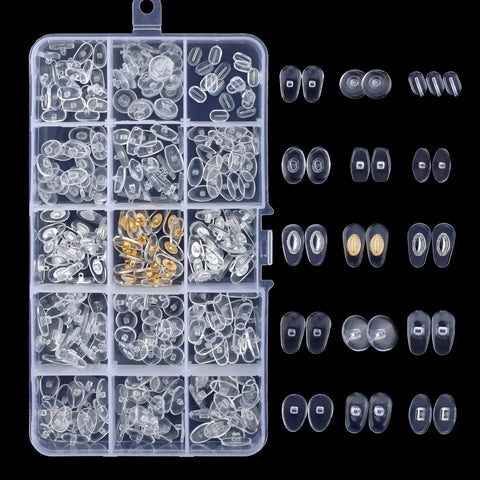 Complete Eyeglass Repair Kit Featuring 1500 Micro Screws And Nose Pads for glasses with clear nose pads in organizer box.