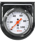 Bosch mechanical oil pressure gauge with white dial and chrome bezel showing 0-100 PSI range, ideal for automotive applications.