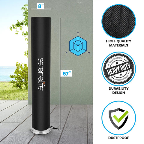 Heavy Duty Patio Heater Cover For Outdoor Infrared Heaters Weatherproof Dustproof Tear Resistant Waterproof Wind Sun Snow Protection Easy On And Off Durable Shield, shown on a deck with product details.