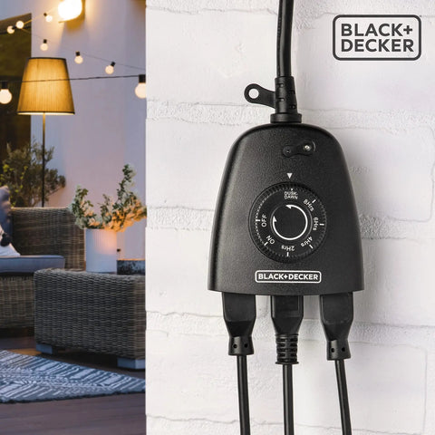 No Sweat Outdoor Timer With Three Grounded Outlets For Weatherproof Porch Lighting And Backyard Schedule Control Plug And Play Smooth Operator Setup. Black outdoor timer with three outlets mounted on wall.