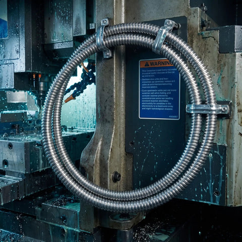Heavy Duty Flexible Stainless Steel Electrical Wiring Conduit With Dang Smooth Burr Free Bore on industrial machinery, ensuring cable protection.