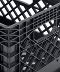 Close-up of corner detail on a Three Pack 24 Quart Black Heavy Duty Stackable Milk Crate for Indoor Outdoor Storage, 11 Inch Tall by 19 Inch Wide.