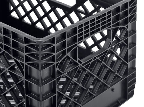 Close-up of corner detail on a Three Pack 24 Quart Black Heavy Duty Stackable Milk Crate for Indoor Outdoor Storage, 11 Inch Tall by 19 Inch Wide.
