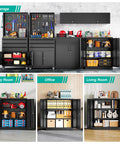 Heavy Duty Metal Storage Cabinet With Locking Doors And Adjustable Shelves For Office Workshop Or Kitchen Built Tough All Steel Construction Reinforced Welded Frame Secure Locking Tool Cabinets 36 Inches High in various room settings.